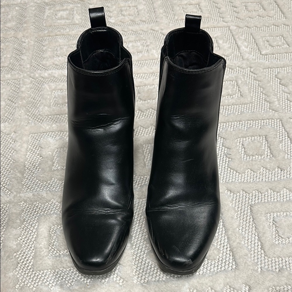 Black Leather Chelsea Ankle Booties with Elastic Panels